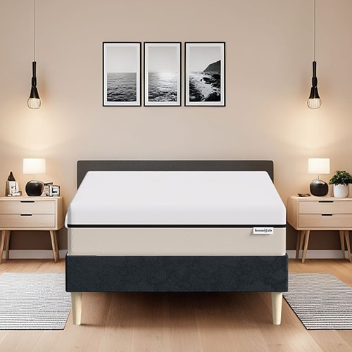 Ensemble lit adulte 90x190 cm en velours bleu nuit + Matelas Hybride à ressorts ensachés et mémoire de forme - Spring Elite