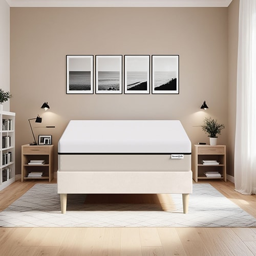 Ensemble lit adulte 90x190 cm en velours beige + Matelas Hybride à ressorts ensachés et mémoire de forme - Spring Elite