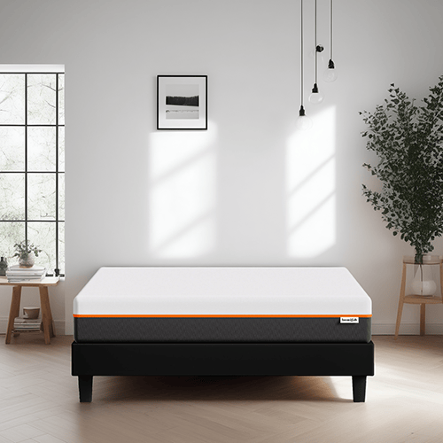 Ensemble sommier à lattes 140x190 cm en tissu noir + Matelas mousse gel à mémoire de forme, double confort - Dual Confort