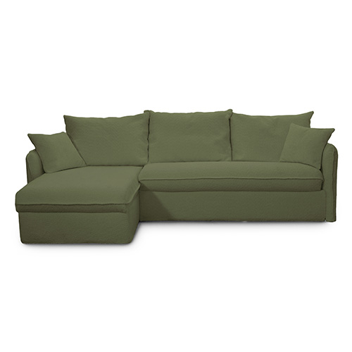 Canapé d'angle convertible réversible 5 places en tissu bouclette vert kaki - ouverture express - Gina