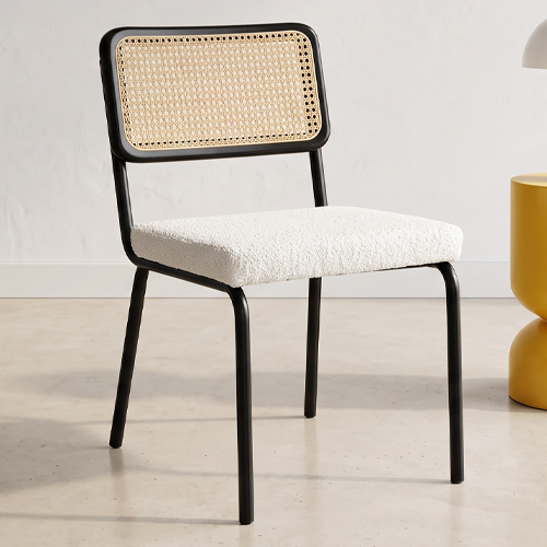 Lot de 2 chaises en acier et bois noir, cannage naturel et tissu bouclé beige - Paula