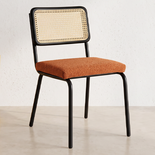 Lot de 2 chaises en cannage tissu bouclé rouille et métal noir - Paula