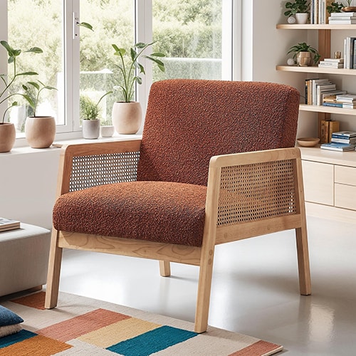 Fauteuil en cannage et tissu bouclé rouille - Mani