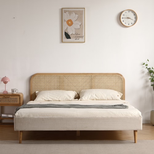 Lit adulte 140x190 cm en velours côtelé beige avec tête de lit en cannage - Dalia