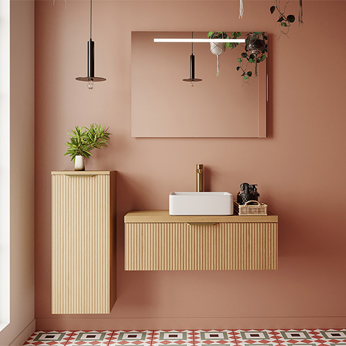 Meuble de salle de bain suspendu vasque à poser 90cm 1 tiroir Chêne cannelé + miroir - Venice