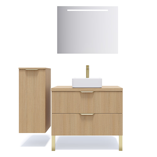 Meuble de salle de bain suspendu vasque à poser 90cm 2 tiroirs Chêne cannelé + miroir + colonne ouverture gauche - Venice