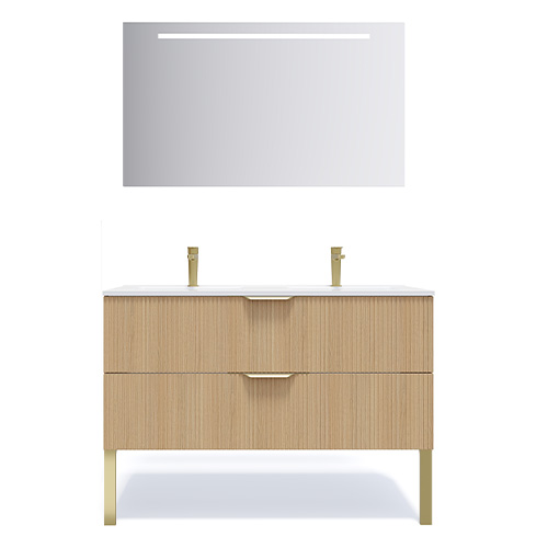 Meuble de salle de bain suspendu double vasque intégrée 120cm 2 tiroirs Chêne cannelé + miroir - Venice