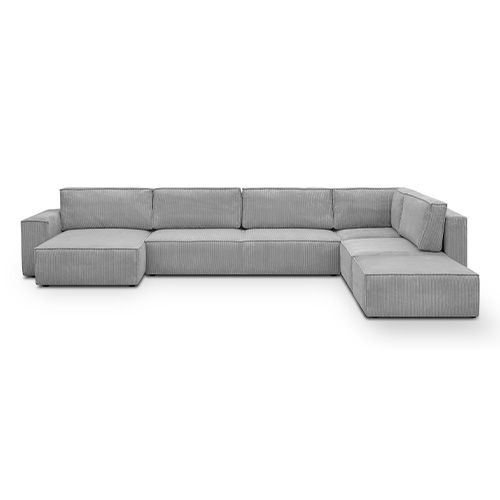 Canapé d'angle à droite panoramique convertible modulable 8 places avec pouf en velours côtelé gris clair - Harper Mod