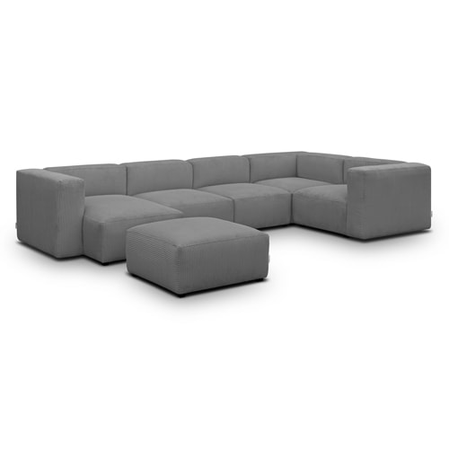 Canapé modulable panoramique 6 places avec méridienne à gauche + pouf en velours côtelé gris clair - Modulo New