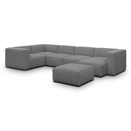 Canapé modulable panoramique 6 places avec méridienne à droite + pouf en velours côtelé gris clair - Modulo New