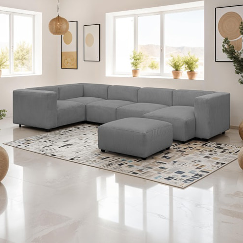 Canapé modulable panoramique 6 places avec méridienne à droite + pouf en velours côtelé gris clair - Modulo New