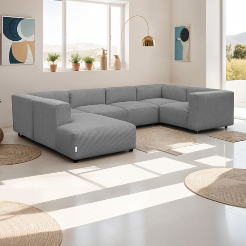 Canapé modulable panoramique 9 places ouvert à gauche en velours côtelé gris clair - Modulo New