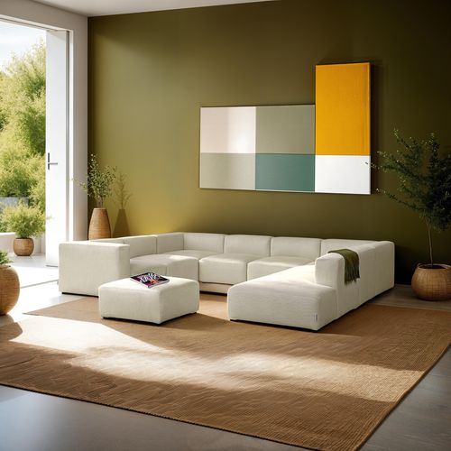 Canapé modulable panoramique 12 places ouvert à droite + pouf en velours côtelé beige - Modulo