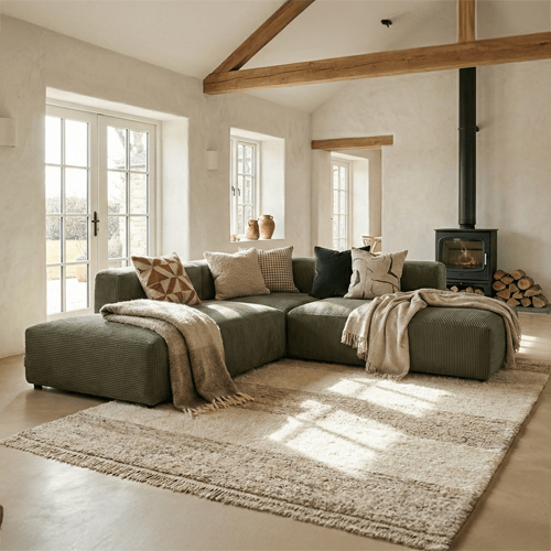 Canapé d'angle modulable réversible 5 places en velours côtelé vert kaki - Modulo