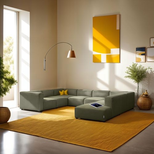 Canapé modulable panoramique 12 places ouvert à droite en velours côtelé vert kaki - Modulo