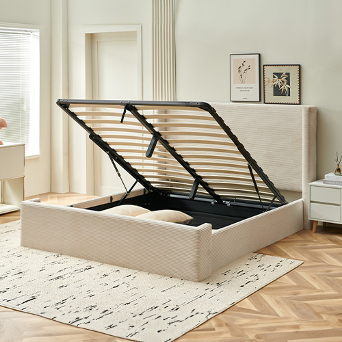 Lit coffre adulte 140x190 cm avec tête de lit capitonnée en velours côtelé beige - Elma