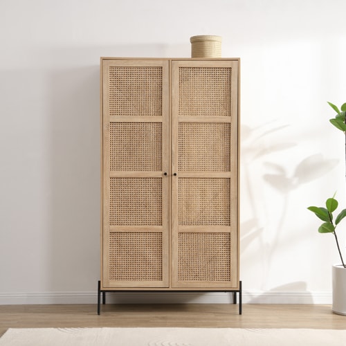 Armoire 2 portes en cannage et effet chêne 100 cm - Iris