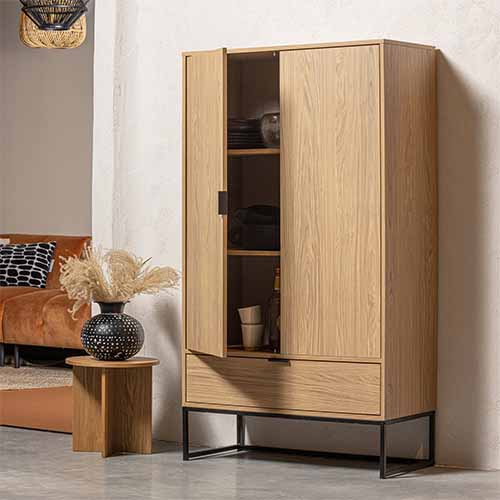 Buffet haut 2 portes 1 tiroir effet chêne 85 cm - Silas