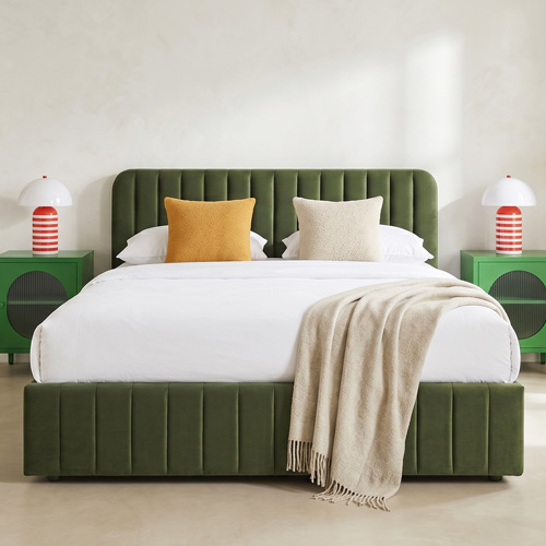 Lit coffre adulte 140x190 cm avec tête de lit capitonnée en velours vert kaki - Ava