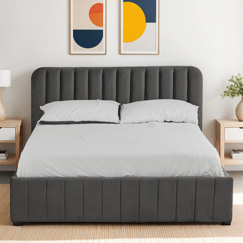 Lit coffre adulte 140x190 cm avec tête de lit capitonnée en velours gris - Ava