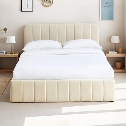 Lit coffre adulte 180x200 cm avec tête de lit capitonnée en velours beige - Ava