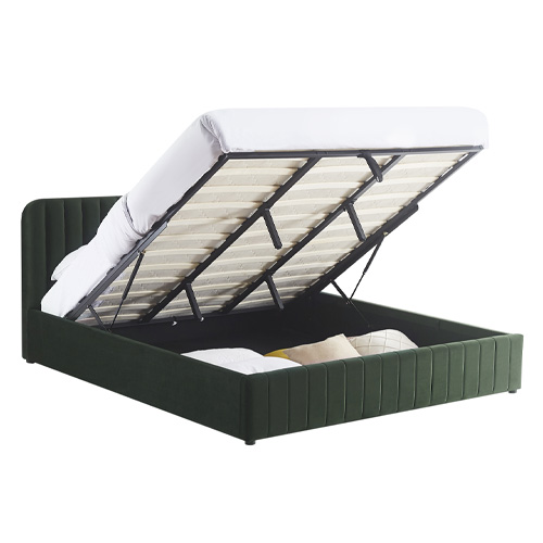 Lit coffre adulte 180x200 cm avec tête de lit capitonnée en velours vert kaki - Ava