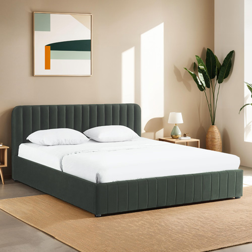 Lit coffre adulte 180x200 cm avec tête de lit capitonnée en velours vert kaki - Ava