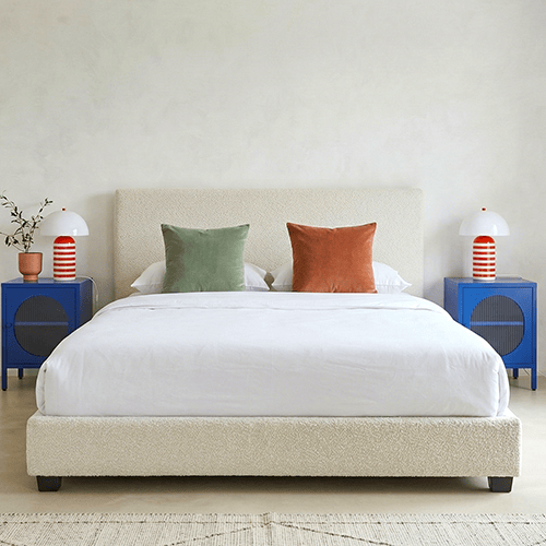 Lit adulte 140x190 cm avec tête de lit capitonnée en tissu bouclé beige - William