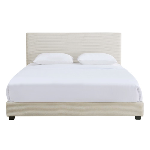 Lit adulte 140x190 cm avec tête de lit capitonnée en velours côtelé beige - William