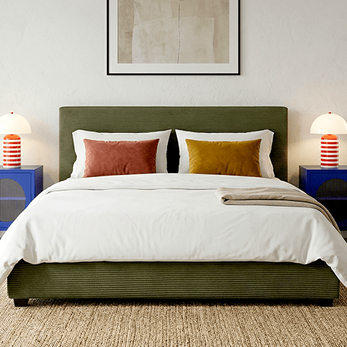 Lit adulte 140x190 cm avec tête de lit capitonnée en velours côtelé vert - William