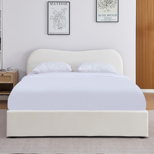 Lit adulte 140x190 cm avec tête le lit matelassée en velours beige - Ninon