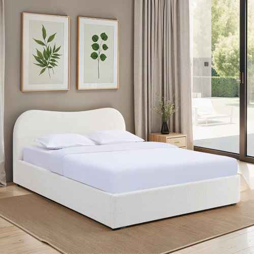 Lit coffre adulte 160x200 cm avec tête le lit arrondie en tissu bouclé beige - Suzon
