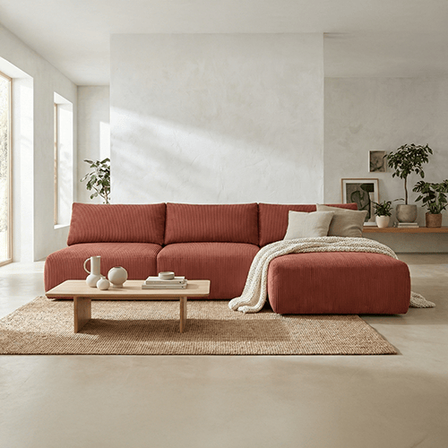 Canapé d'angle à droite convertible 4 places avec coffre de rangement en velours côtelé rouille - Jasper