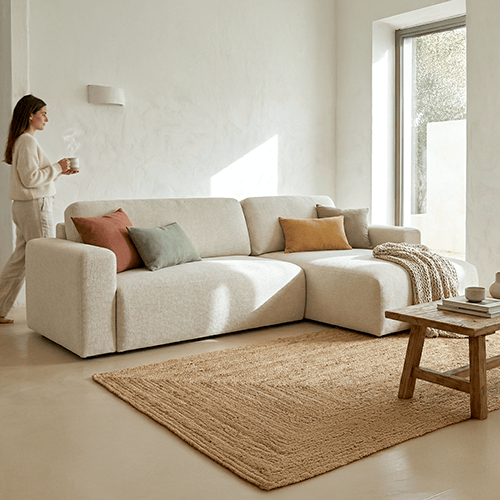 Canapé d'angle réversible convertible 4 places avec coffre de rangement en tissu écru - Davis