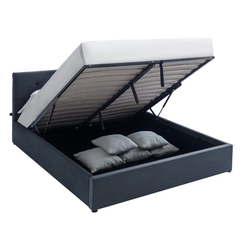 Lit coffre adulte 140x190 cm avec tête de lit capitonnée en velours gris foncé et sommier - Tina