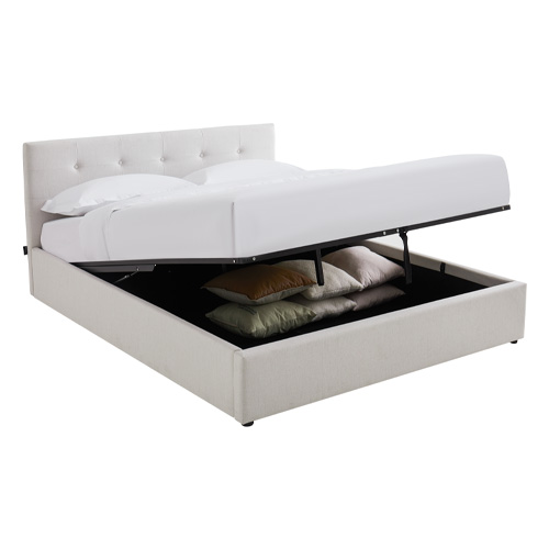 Lit coffre adulte 160x200 cm avec tête de lit matelassée en tissu beige et sommier - Tina