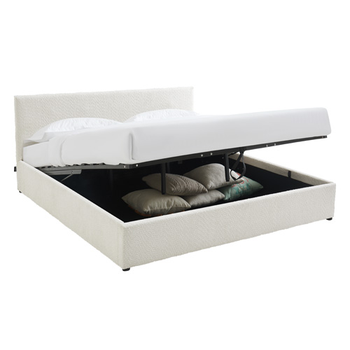 Lit coffre adulte 180x200 cm avec tête de lit capitonnée en tissu bouclé beige et sommier - Tina