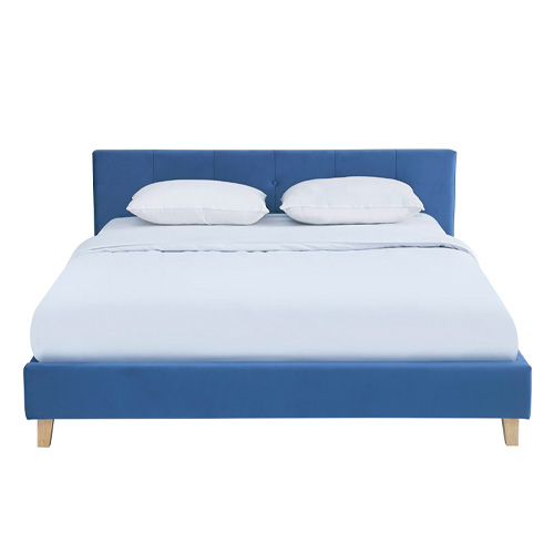 Lit adulte 140x190 cm avec tête de lit capitonnée en velours bleu - Milo