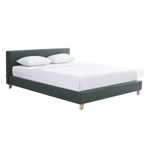 Lit adulte 140x190 cm avec tête de lit capitonnée en velours côtelé vert kaki - Milo