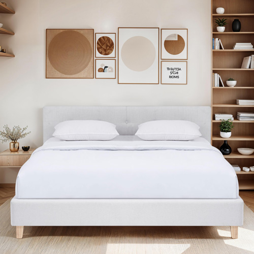 Lit adulte 160x200 cm avec tête de lit capitonnée en tissu beige - Milo