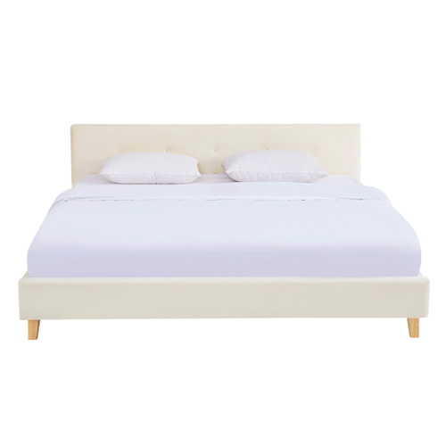 Lit adulte 180x200 cm avec tête de lit capitonnée en velours beige - Milo