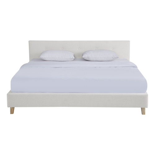 Lit adulte 180x200 cm avec tête de lit capitonnée en tissu beige - Milo