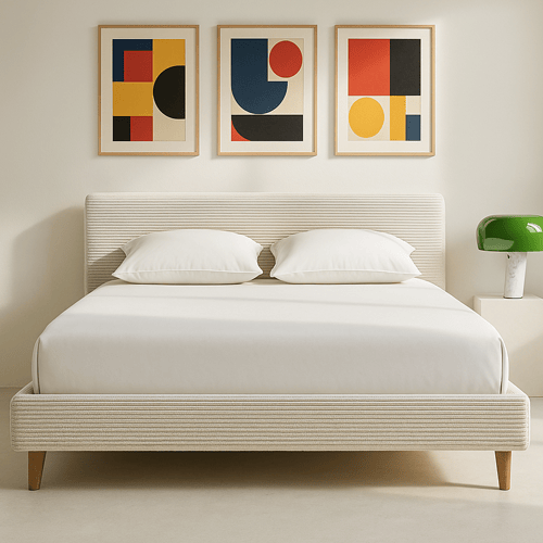 Lit adulte 180x200 cm avec tête de lit capitonnée en velours côtelé beige - Milo