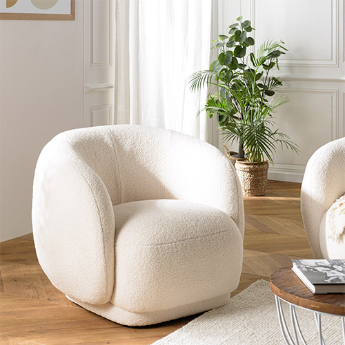 Fauteuil arrondi en tissu bouclette écru - Leopold