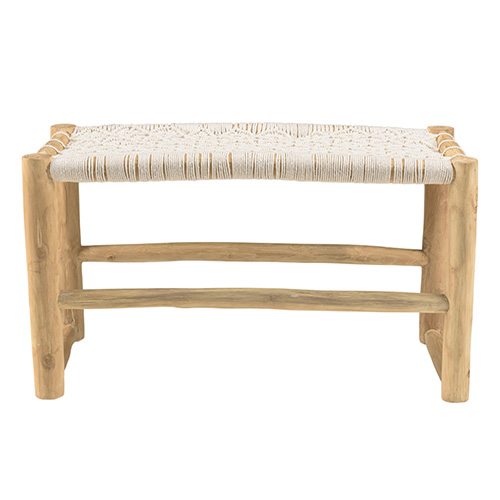 Banc en teck naturel assise en macramé blanc 80 cm - Will