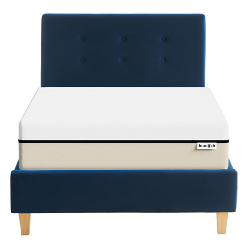 Ensemble lit 90x190 en velours bleu foncé Milo + Matelas Hybride à ressorts ensachés et mémoire de forme - Spring Elite