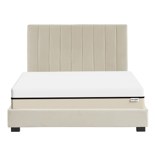 Ensemble lit 140x190 en velours beige William + Matelas Hybride à ressorts ensachés et mémoire de forme - Spring Elite