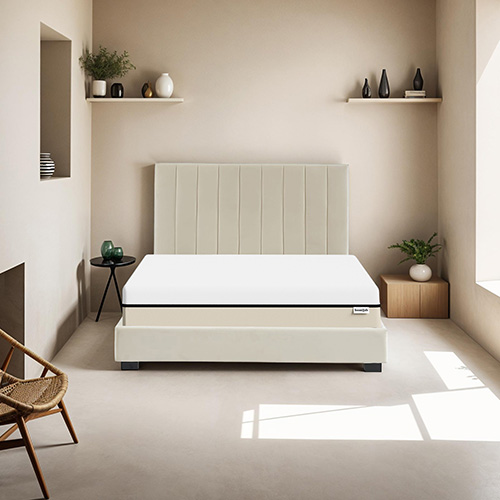 Ensemble lit 140x190 en velours beige William + Matelas Hybride à ressorts ensachés et mémoire de forme - Spring Elite