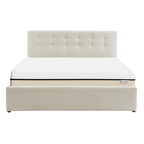 Ensemble lit coffre 140x190 en tissu bouclé écru Tina + Matelas Hybride à ressorts ensachés et mémoire de forme - Spring Elite