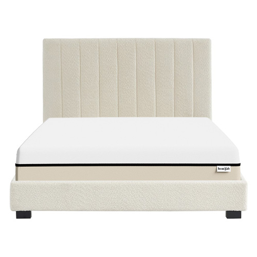 Ensemble lit 160x200 en tissu bouclé écru William + Matelas Hybride à ressorts ensachés et mémoire de forme - Spring Elite